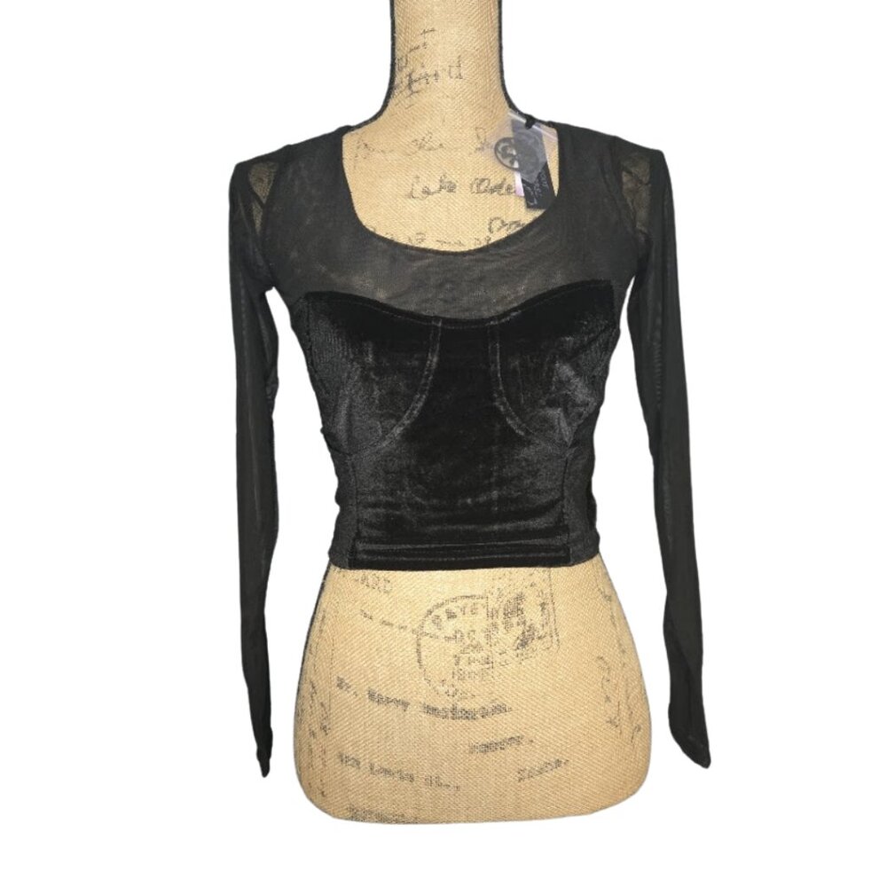 NWT Nordstrom Poof Black long-sleeve velvet top w/ sheer mesh sleeves Large